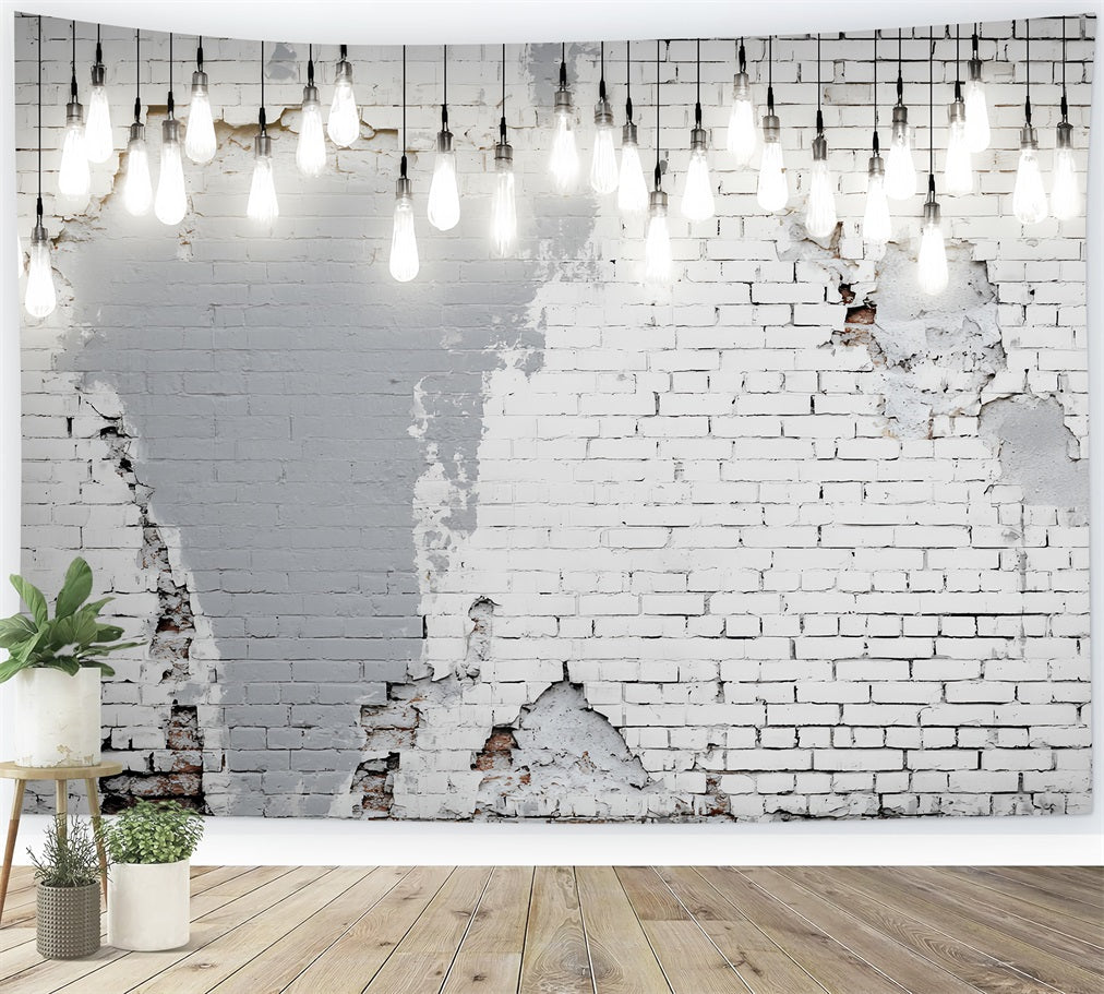 White Brick Wall Backdrop Hanging Bulbs Distressed White Wall Brick Backdrop UK TWW59-162