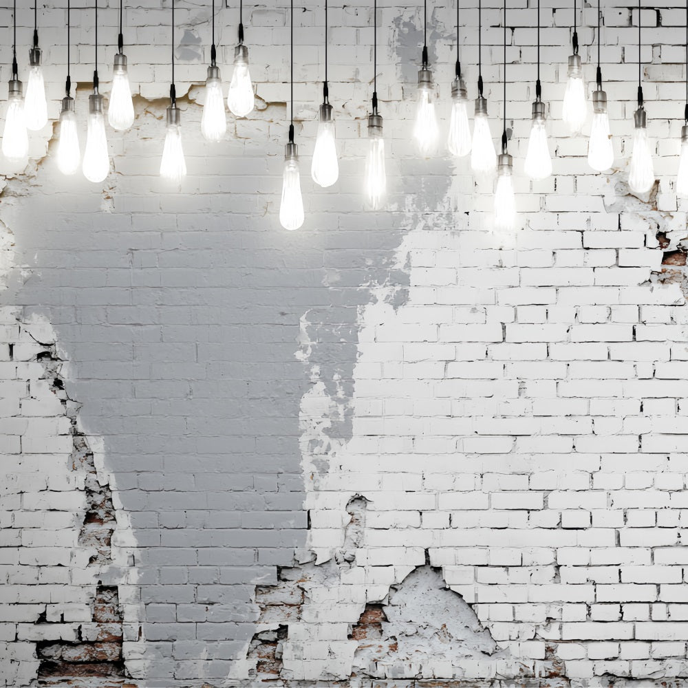 White Brick Wall Backdrop Hanging Bulbs Distressed White Wall Brick Backdrop UK TWW59-162
