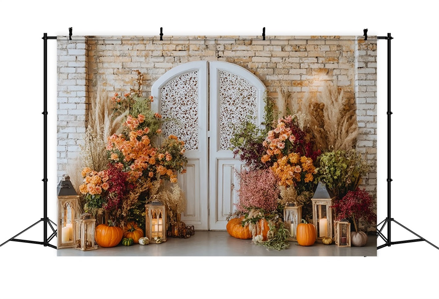 Brick Photo Backdrop Floral Pumpkins Vintage Doorway Brick Wall Backdrop UK TWW59-163
