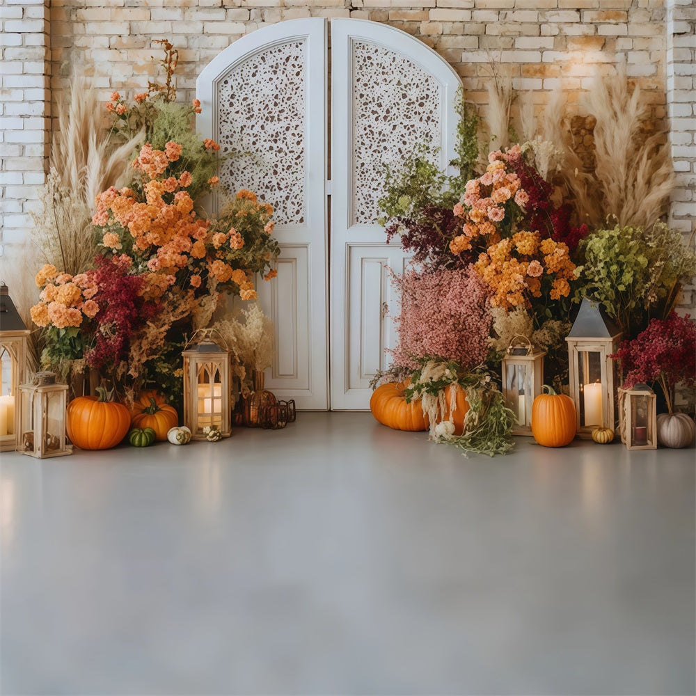 Brick Photo Backdrop Floral Pumpkins Vintage Doorway Brick Wall Backdrop UK TWW59-163