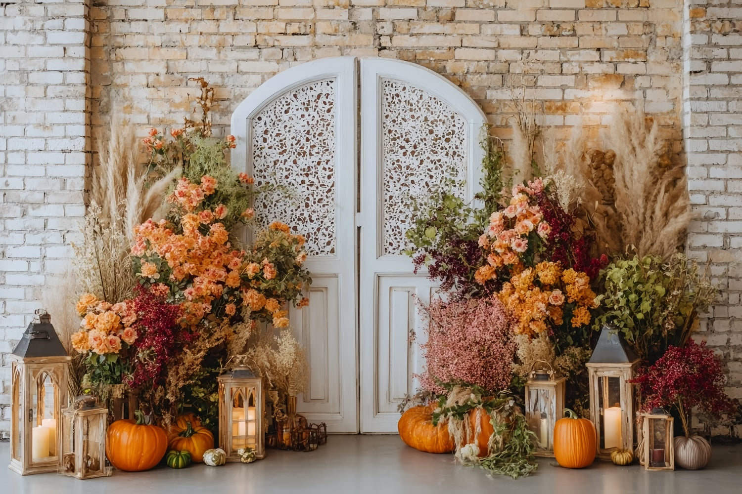 Brick Photo Backdrop Floral Pumpkins Vintage Doorway Brick Wall Backdrop UK TWW59-163
