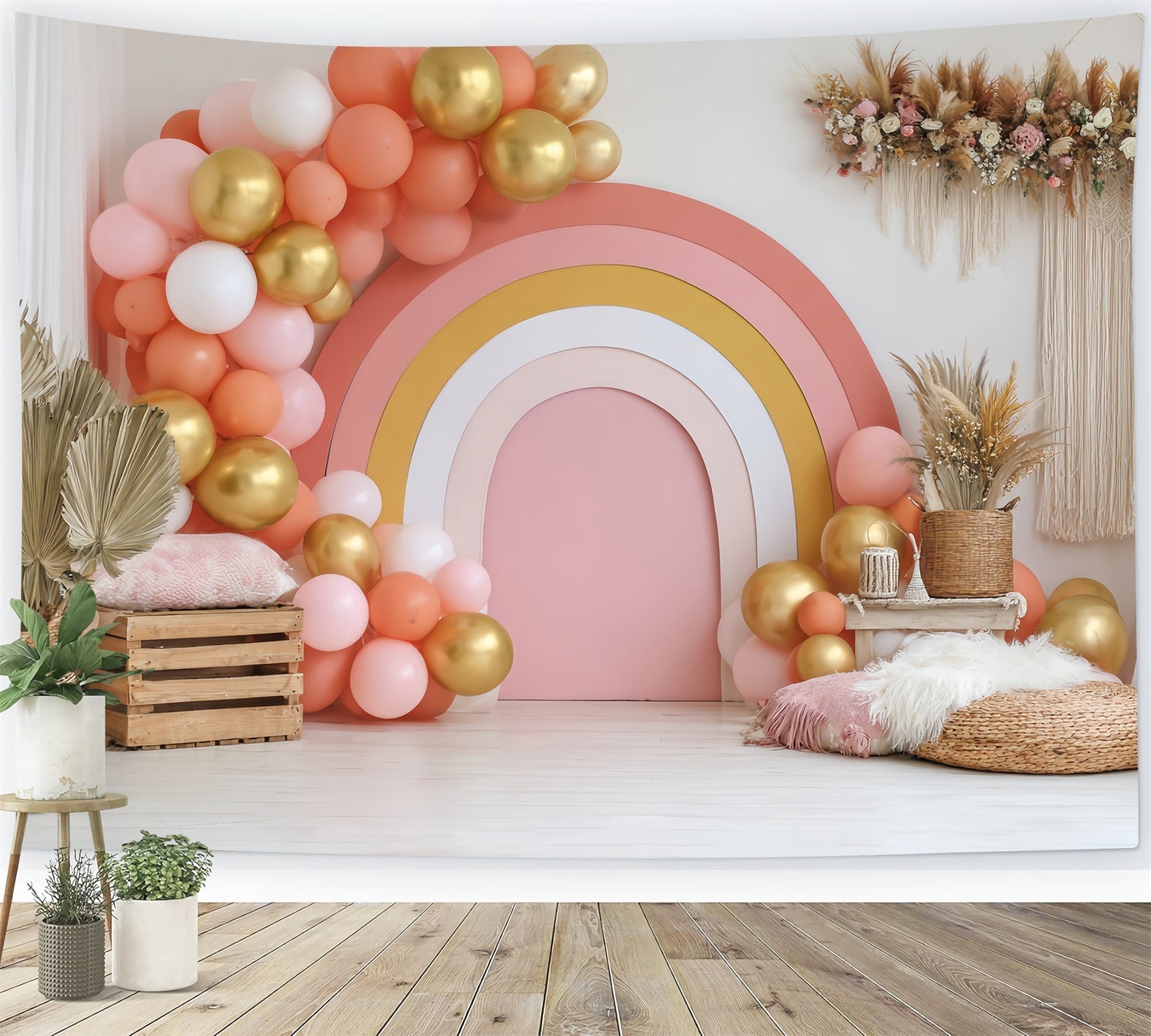 Cake Smash Backdrops Golden Rainbow Balloon Setup Cake Photography Backdrops UK TWW59-211