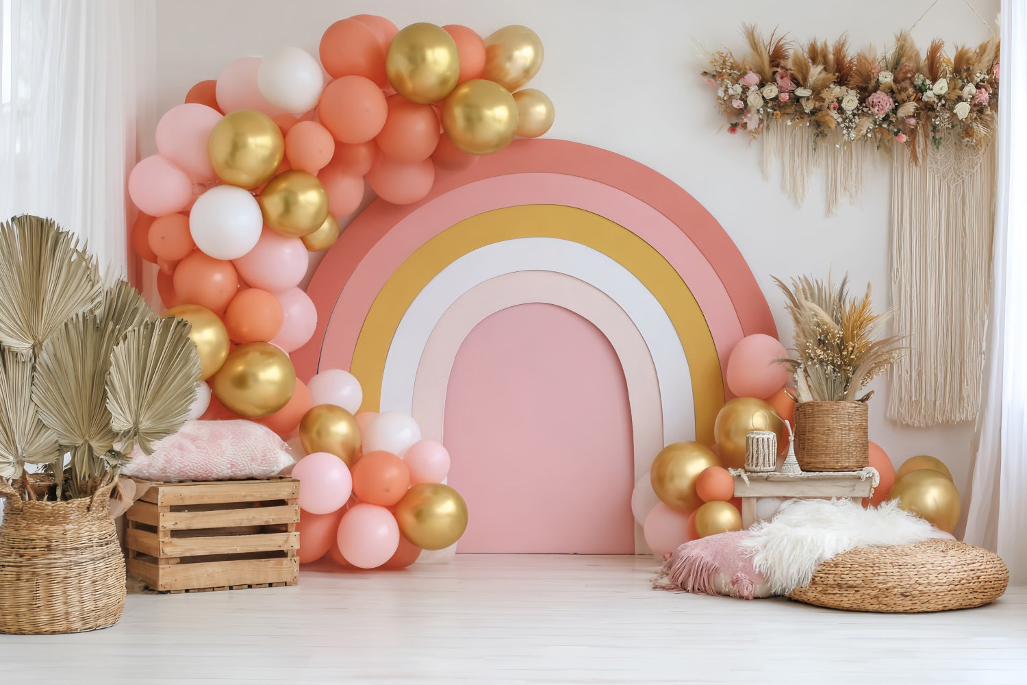 Cake Smash Backdrops Golden Rainbow Balloon Setup Cake Photography Backdrops UK TWW59-211