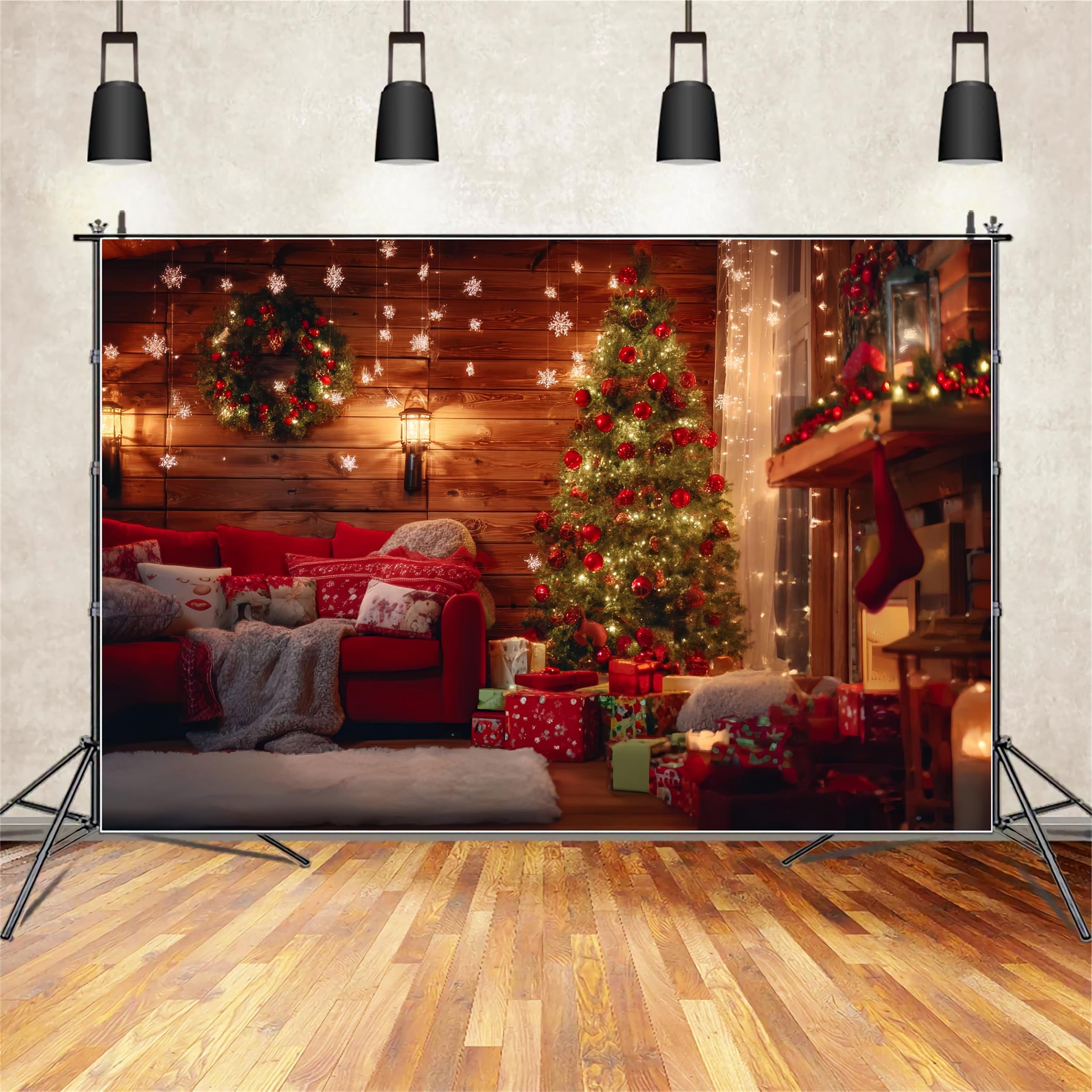 Santa Workshop Backdrop Rustic Cabin Living Room Christmas Photo Backdrop UK TWW59-87