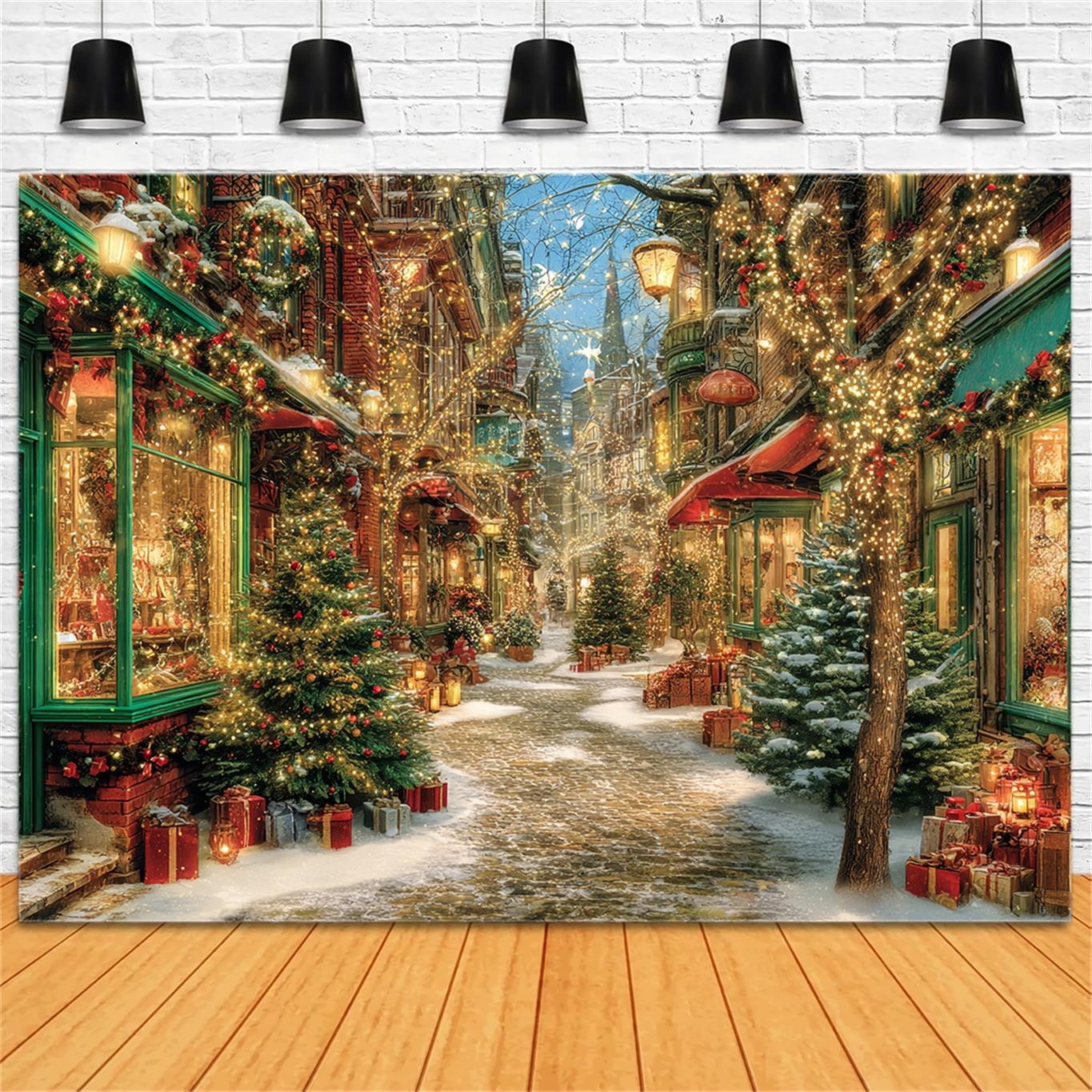 Christmas Village Backdrop Sparkling Street Lights Christmas Backdrops for Photos UK TWW59-97