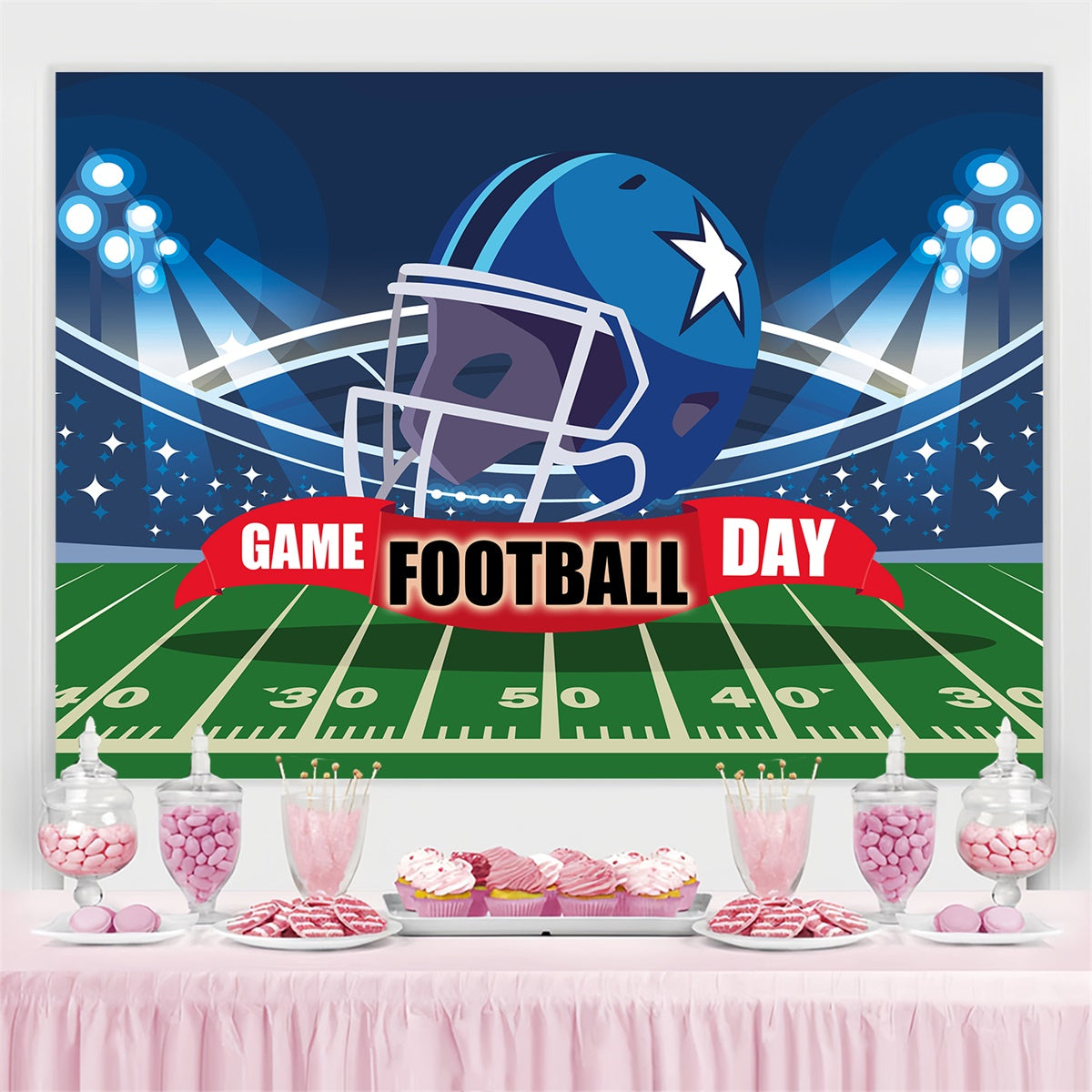 Football Field Backdrop Blue Helmet Lights Sports Event Backdrops UK TWW6-18