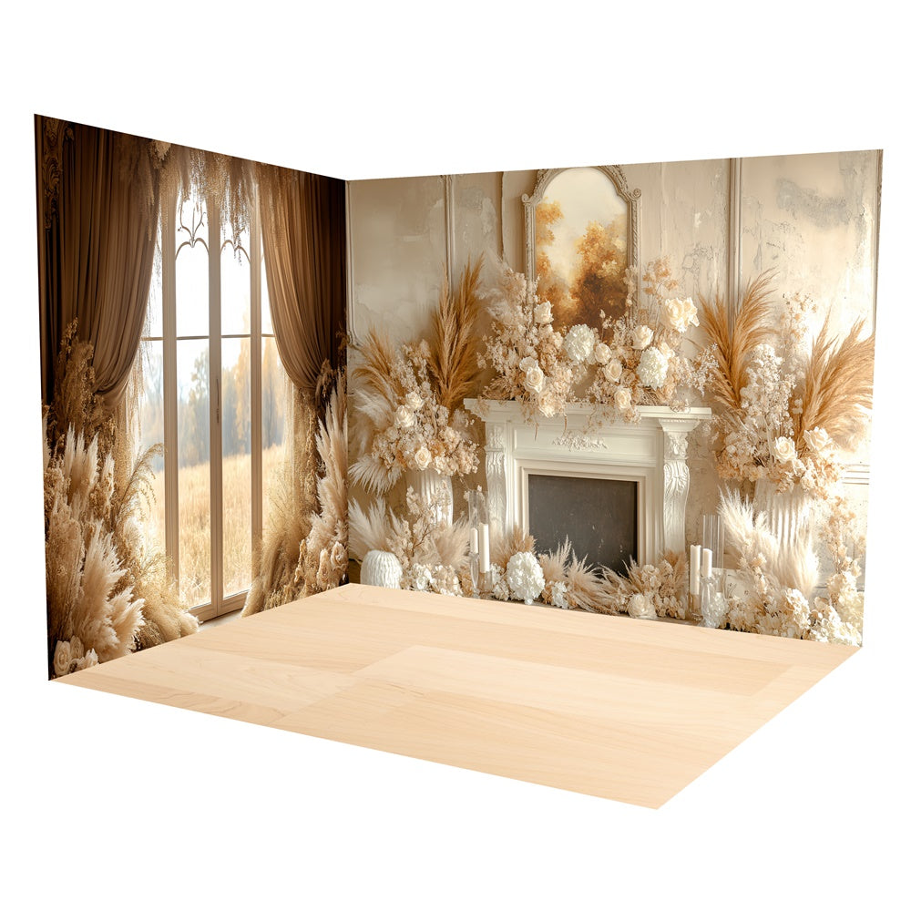 Fall Backdrop Creamy Floral Fireplace Boho Backdrop Room Set UK TWW6-79