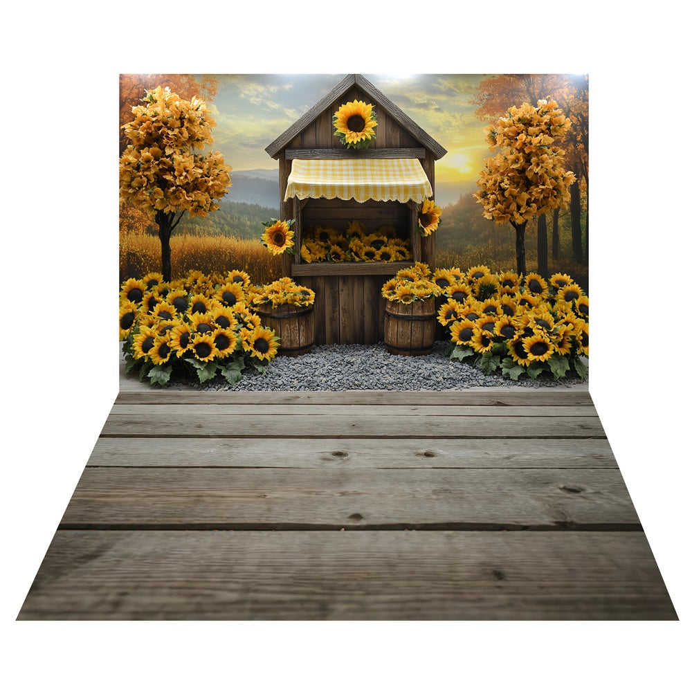 Sunflower Market Stand Backdrop+Rustic Wood Floor Backdrop UK TWW6-89