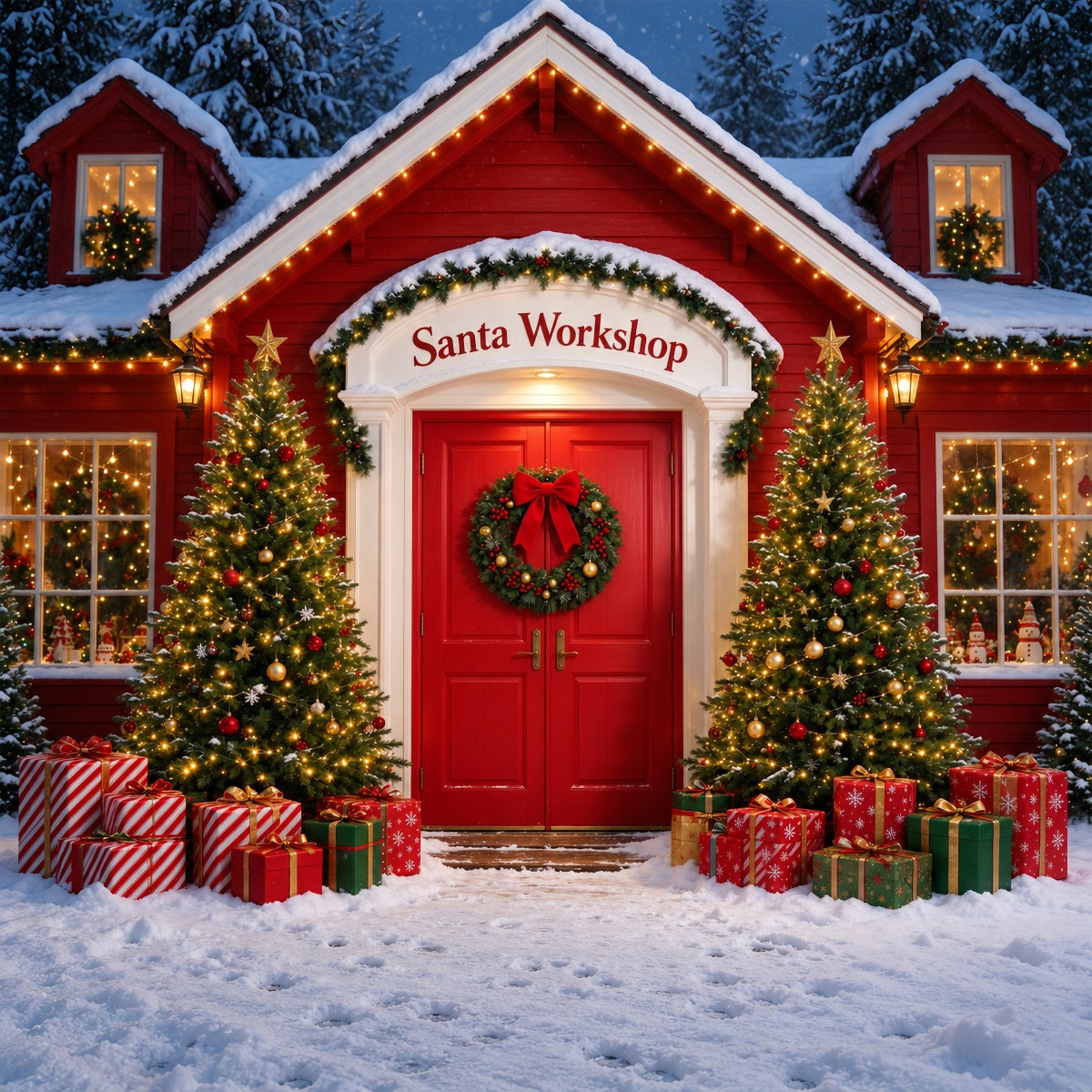 Santa's Workshop Backdrop Snowy House Door Entrance Christmas Red Backdrop UK ZTT610-10