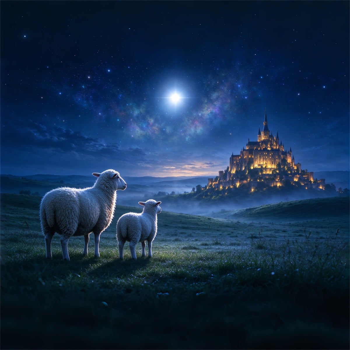 Nativity Scene Backdrop Moonlit Castle Sheep Meadow Christmas Backdrop Photography UK ZTT610-15
