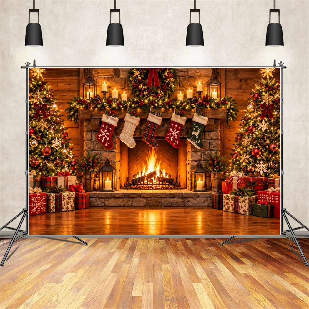 Christmas Fireplace Backdrop Rustic Stocking Stone Christmas Backdrop for Photography UK ZTT610-24