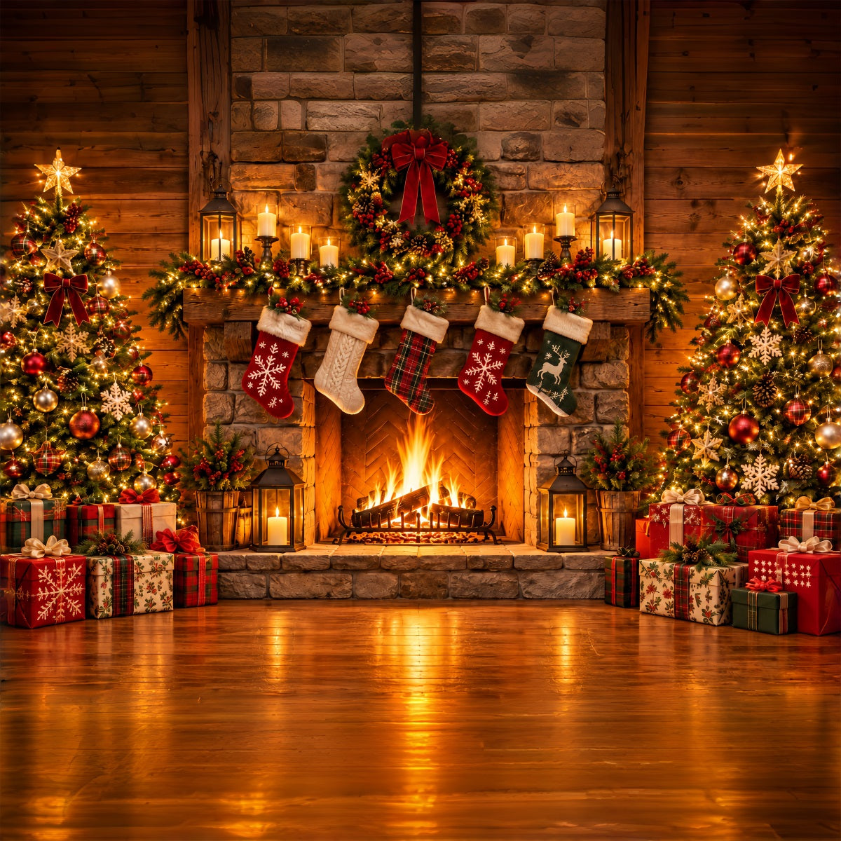 Christmas Fireplace Backdrop Rustic Stocking Stone Christmas Backdrop for Photography UK ZTT610-24