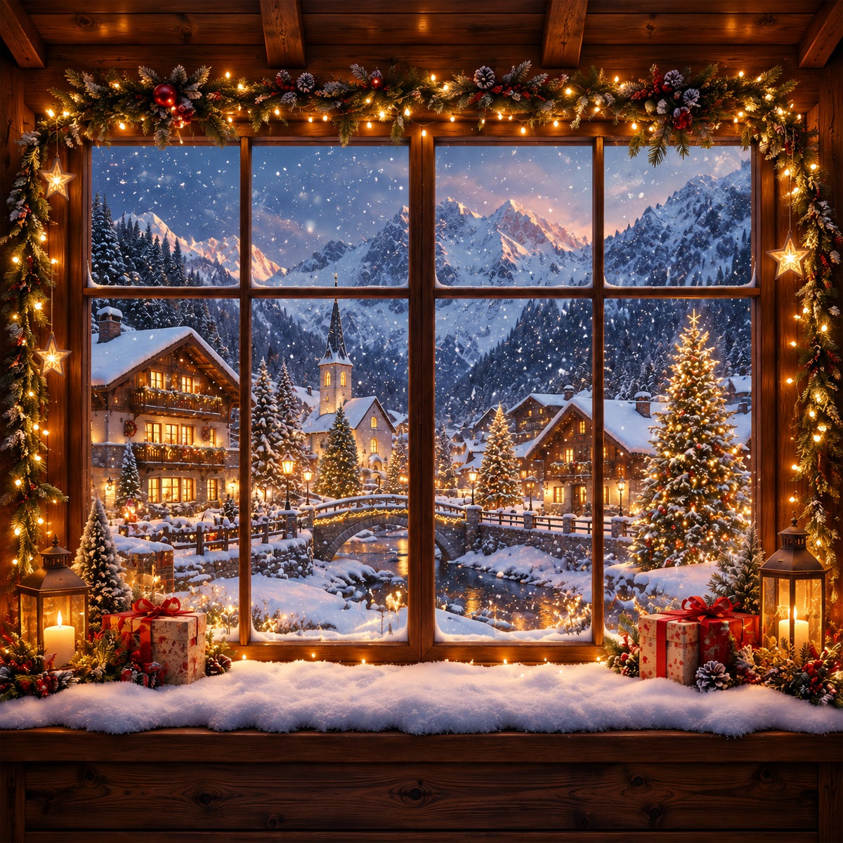 Winter Christmas Backdrop Snowy Alpine House Window Christmas Village Backdrops UK ZTT610-27