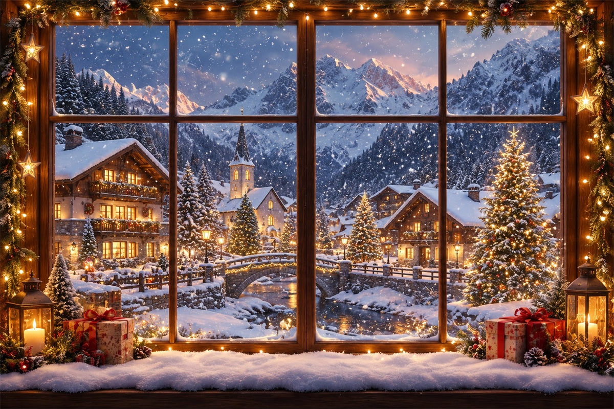 Winter Christmas Backdrop Snowy Alpine House Window Christmas Village Backdrops UK ZTT610-27