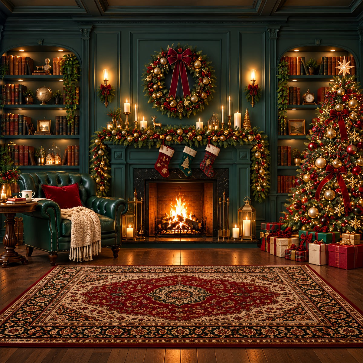 Christmas Fireplace Backdrops Vintage Emerald Library Stockings Christmas Scene Backdrop UK ZTT610-30