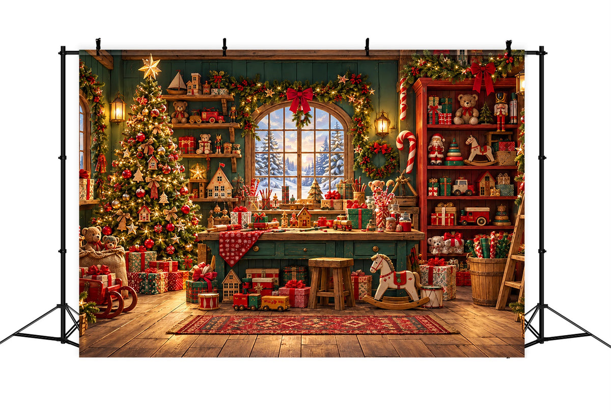 Santa Backdrop Rustic Cabin Toy Workshop Christmas Backdrop UK ZTT610-32