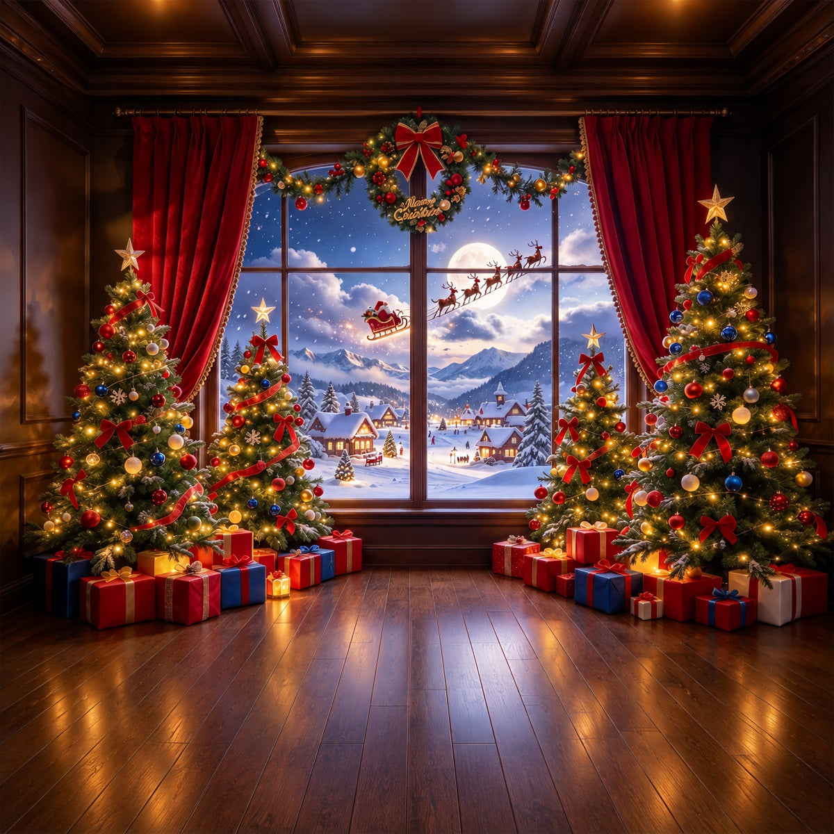 Santa Backdrop Window View Sleigh Snow Christmas Backdrops UK ZTT610-33