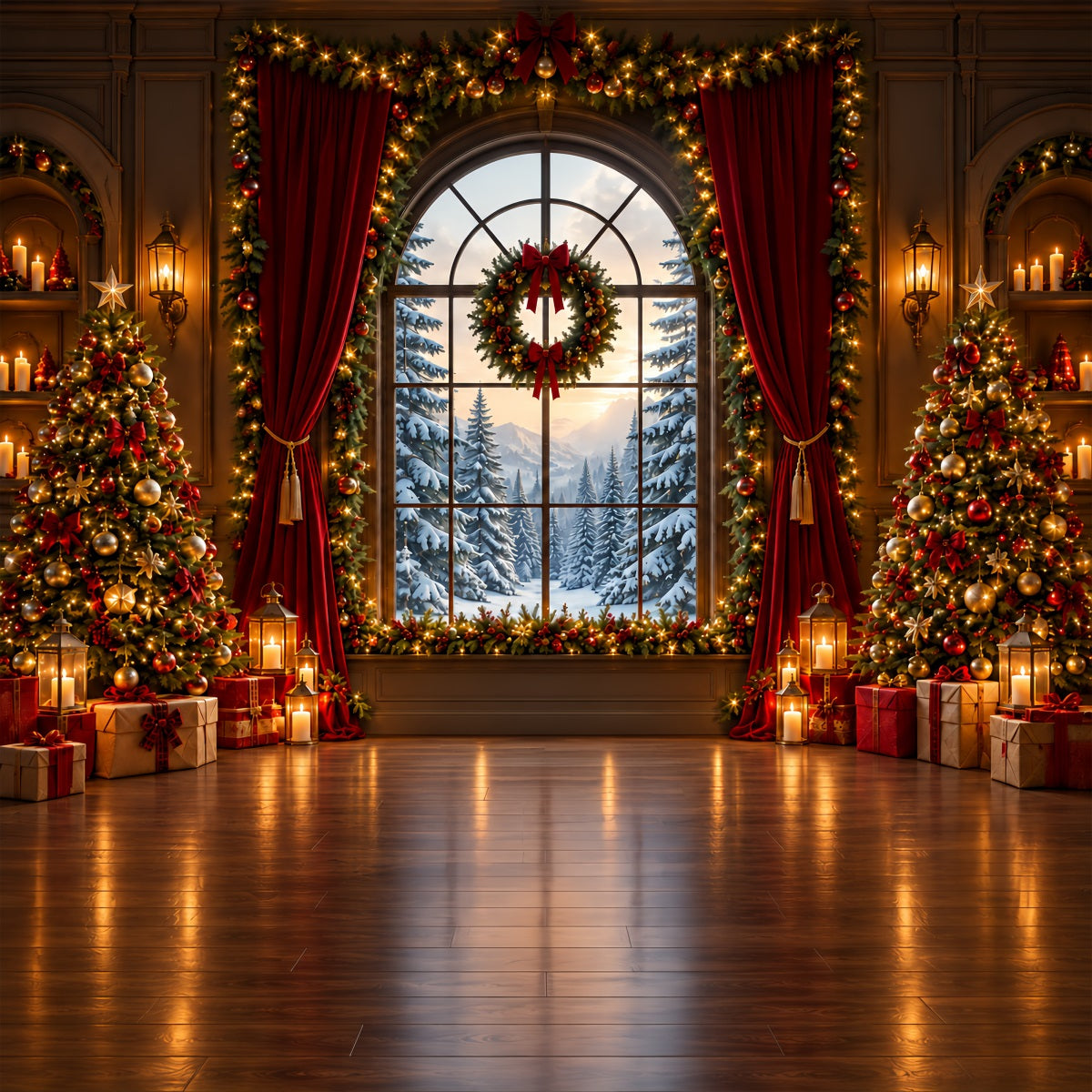 Christmas Backdrops Grand Window Snowy Forest Christmas Backdrop for Photos UK ZTT610-35
