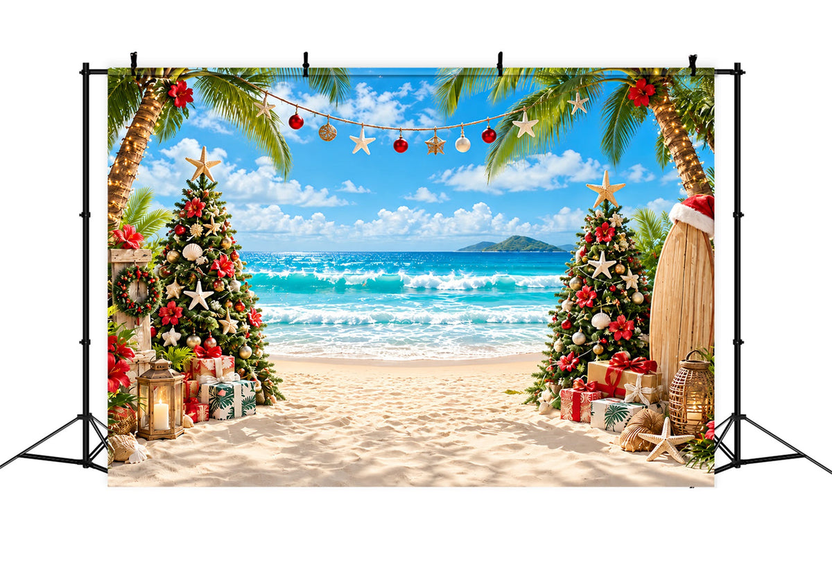 Tropical Christmas Backdrop Sea Beach Surfboard Tree Christmas Backdrops for Photos UK ZTT610-37