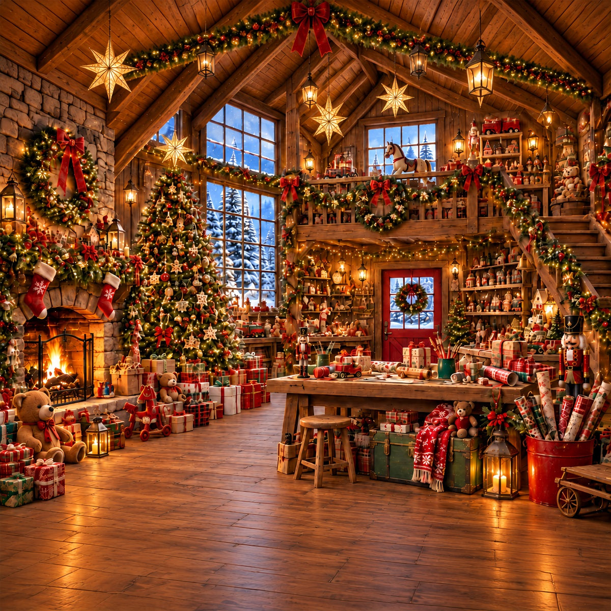 Santa Workshop Backdrop Rustic Cabin Toy Workshop Christmas Backdrops for Photography UK ZTT610-39