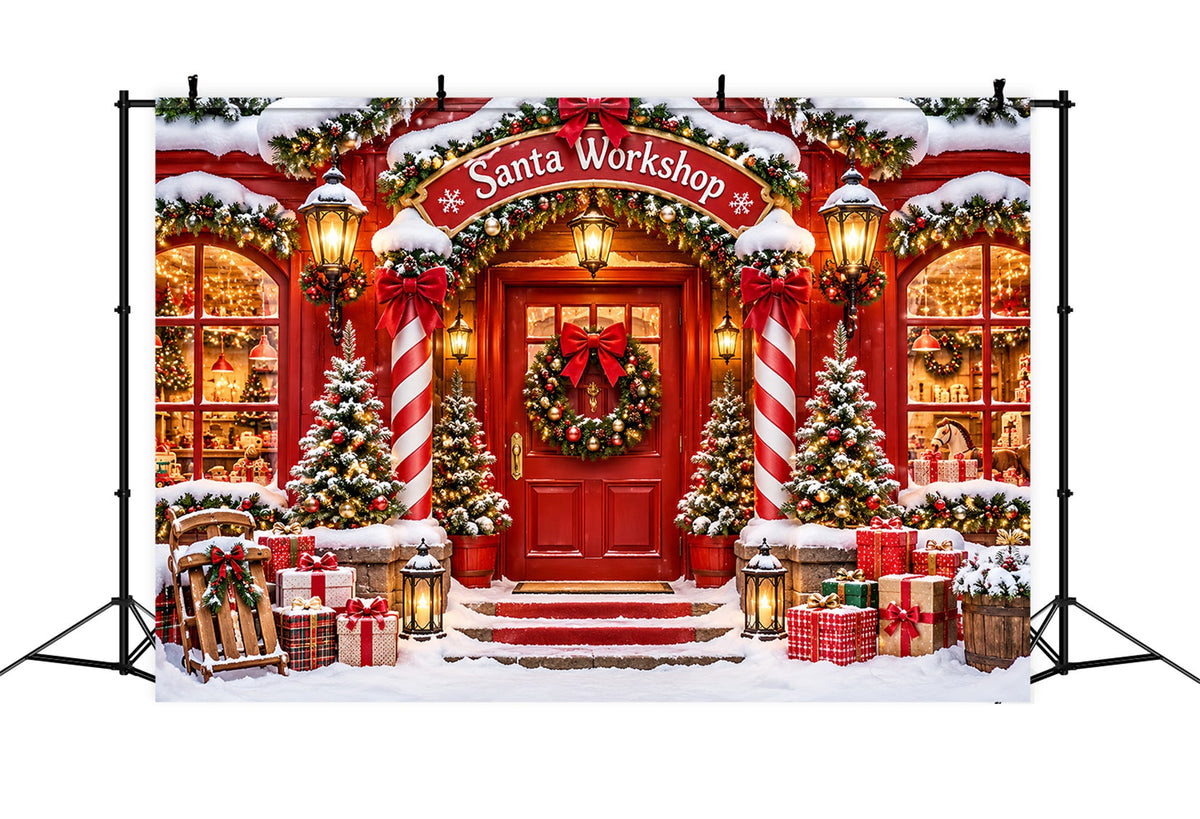 Santa's Workshop Backdrop Snowy Holiday House Entrance Christmas Red Backdrop UK ZTT610-40