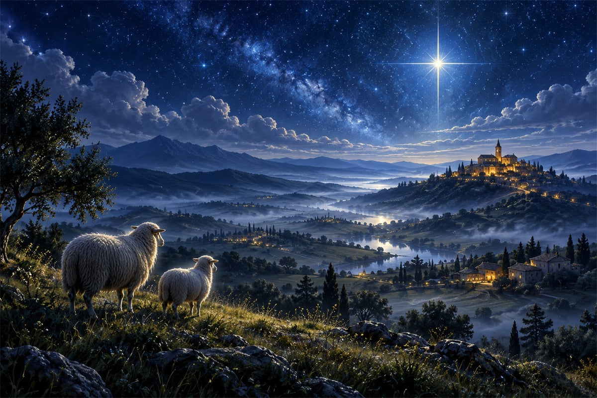 Nativity Scene Backdrop Starry Bethlehem Hillside Sheep Christmas Backdrop Photography UK ZTT610-45
