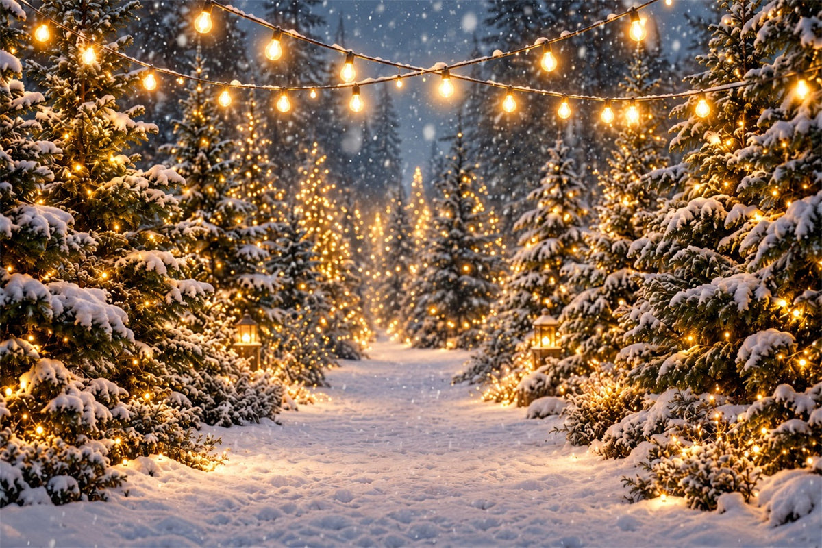 Christmas Tree Farm Backdrop Glowing Snowy Forest Path Christmas Tree Backdrops UK ZTT610-46