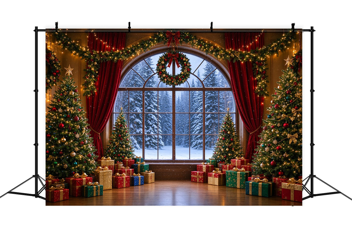 Christmas Backdrops Arched Window View Snowy Forest Christmas Backdrop for Photos UK ZTT610-5