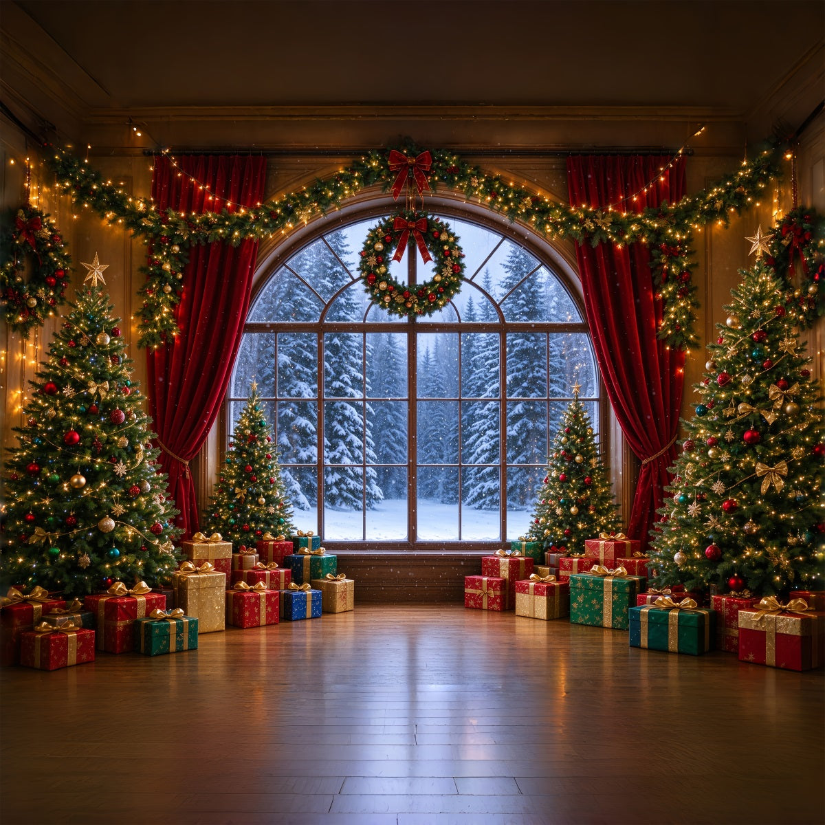 Christmas Backdrops Arched Window View Snowy Forest Christmas Backdrop for Photos UK ZTT610-5