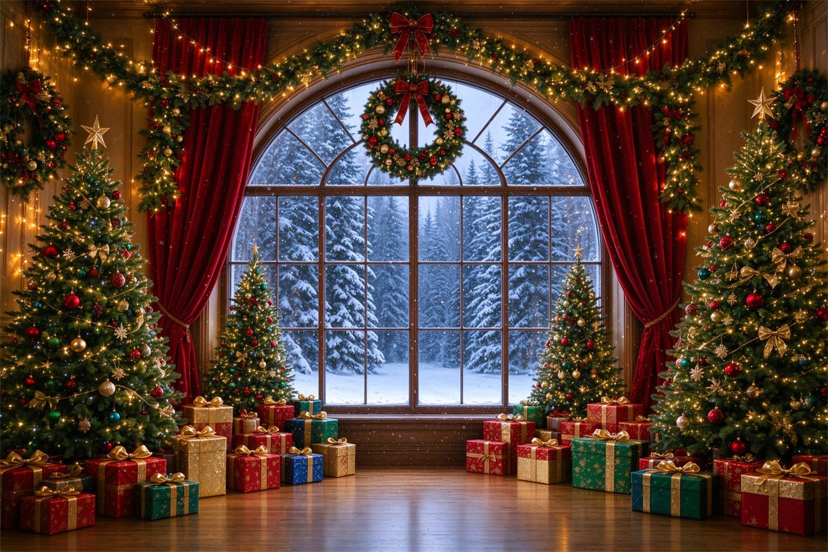 Christmas Backdrops Arched Window View Snowy Forest Christmas Backdrop for Photos UK ZTT610-5