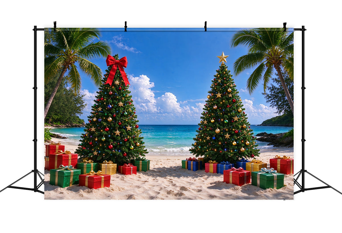 Tropical Christmas Backdrop Holiday Beach Decorated Trees Christmas Backdrops for Photos UK ZTT610-7