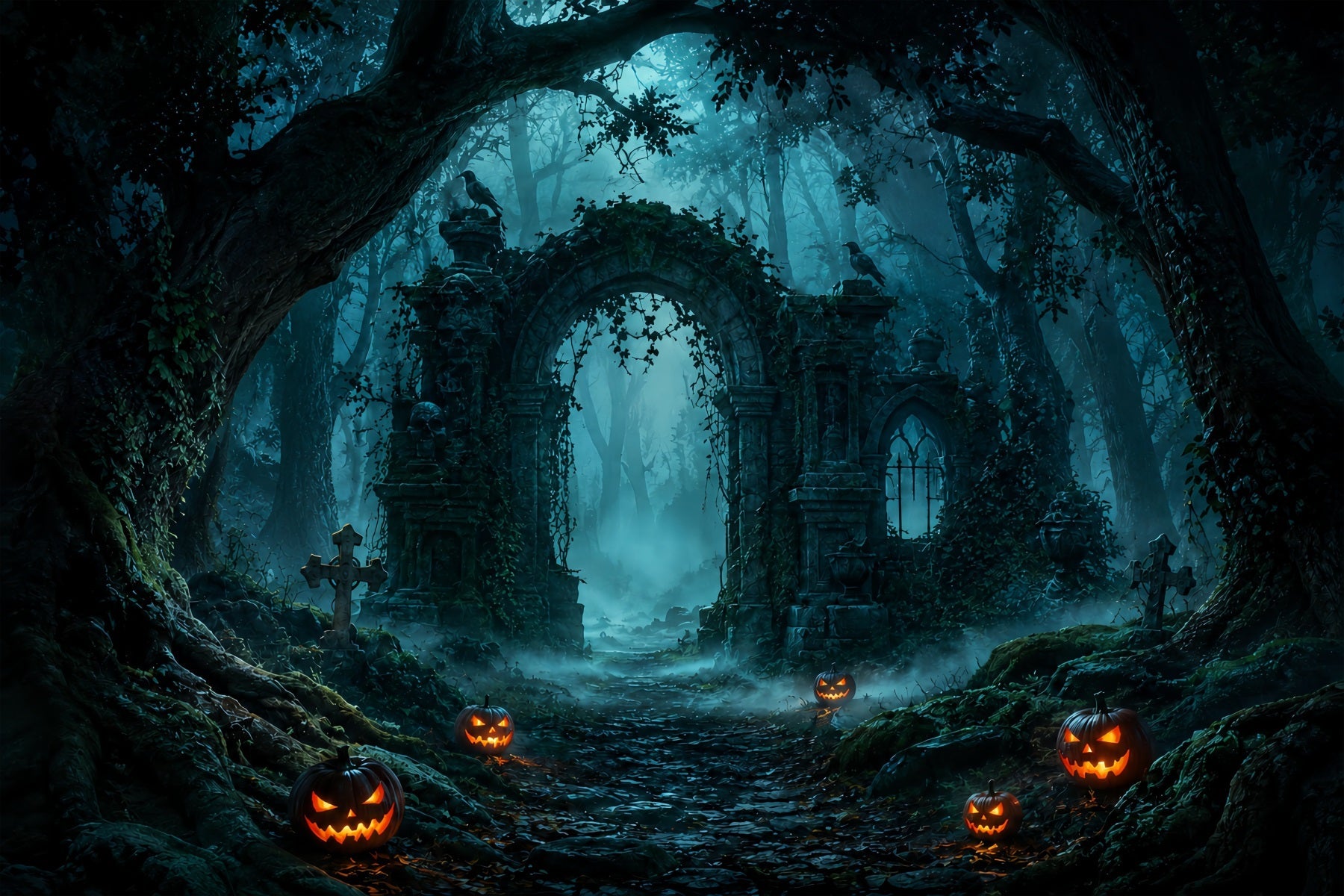 Halloween Forest Backdrop Foggy Pumpkin Woods Ruins Vintage Halloween Backdrop UK ZTT67-2