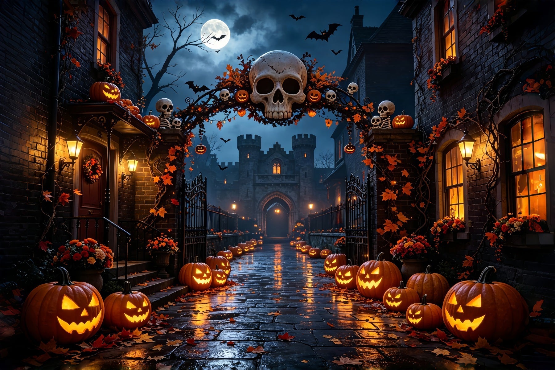 Halloween Party Backdrops Skull Arch Pumpkin Street Halloween Photo Booth Backdrop UK ZTT67-27