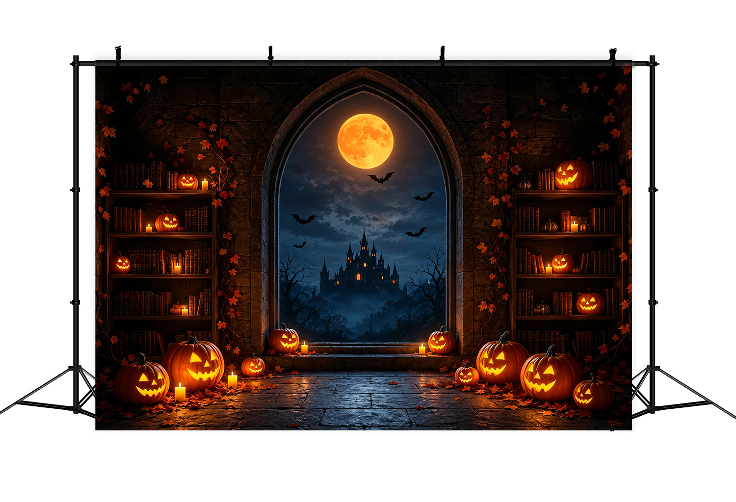 Halloween Moon Backdrop Pumpkin Library Castle Window Halloween Photo Backdrops UK ZTT67-28