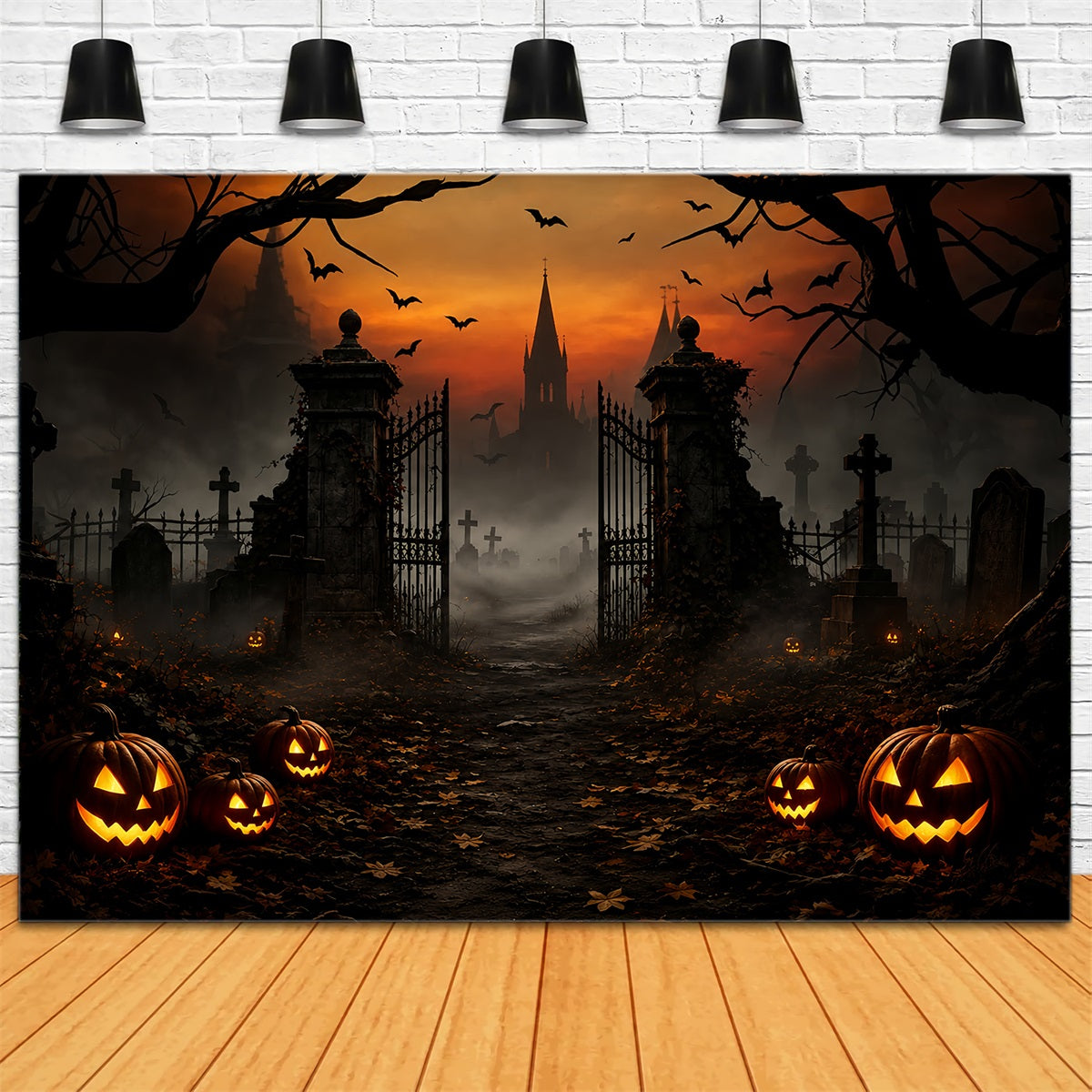 Halloween House Backdrop Foggy Pumpkin Cemetery Gateway Halloween Cemetery Backdrop UK ZTT67-47