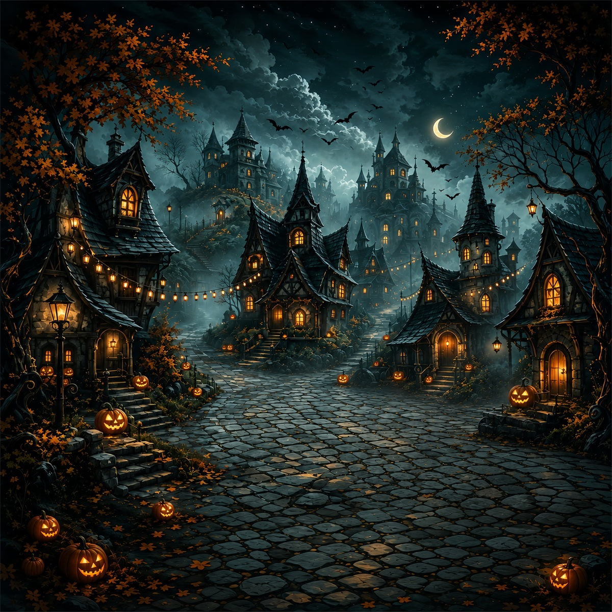 Fabric Halloween Backdrop Crescent Moon Pumpkin Village Halloween Backdrop For Pictures UK ZTT67-49