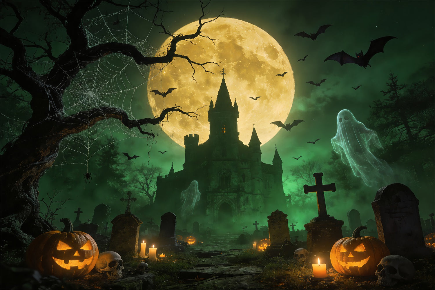 Ghost Spider Backdrop Ghostly Castle Graveyard Moon Halloween Backdrops For Pictures UK ZTT67-52