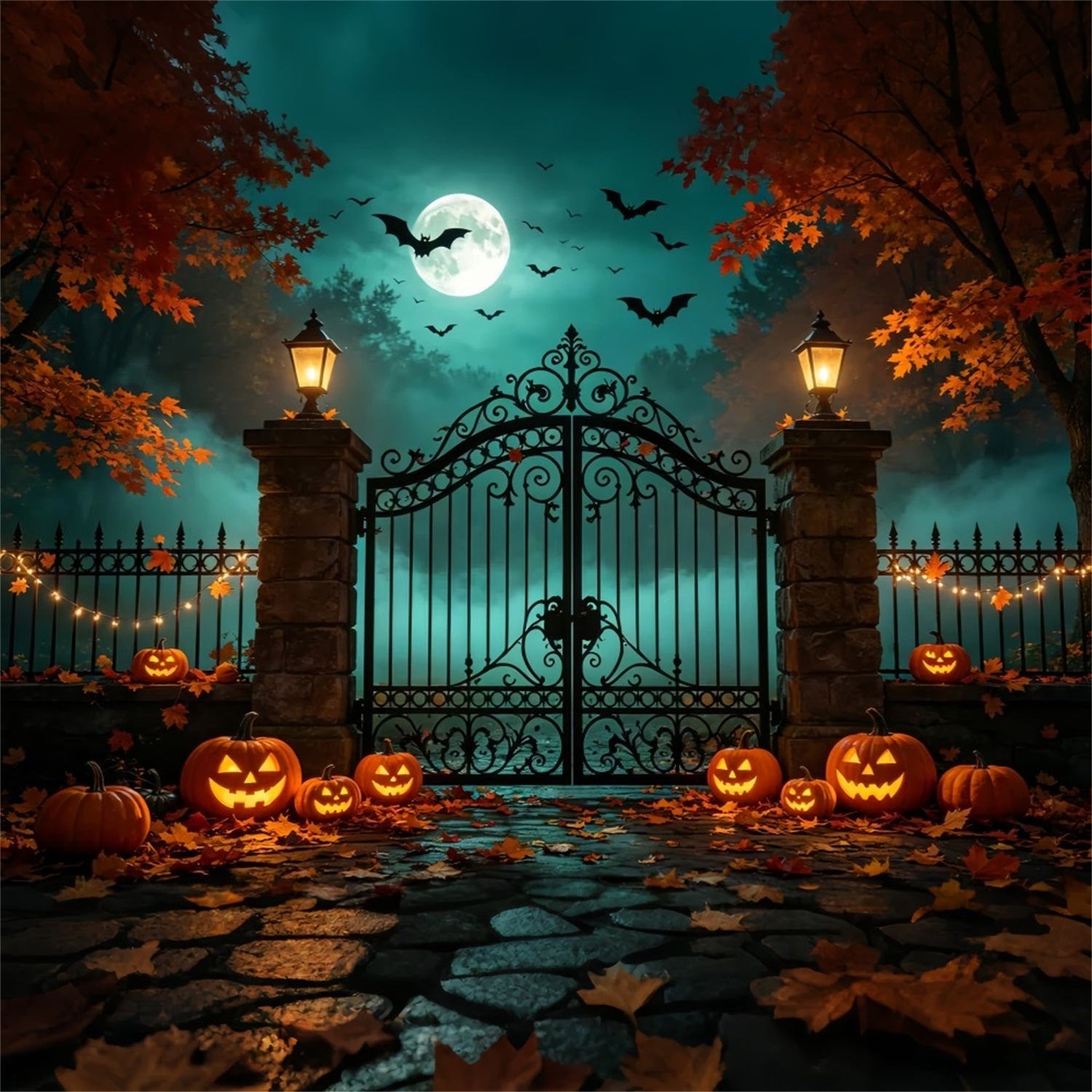 Halloween Backdrop With Pumpkins And Bats Autumn Iron Gateway Diy Halloween Photo Booth Backdrop UK ZTT67-53