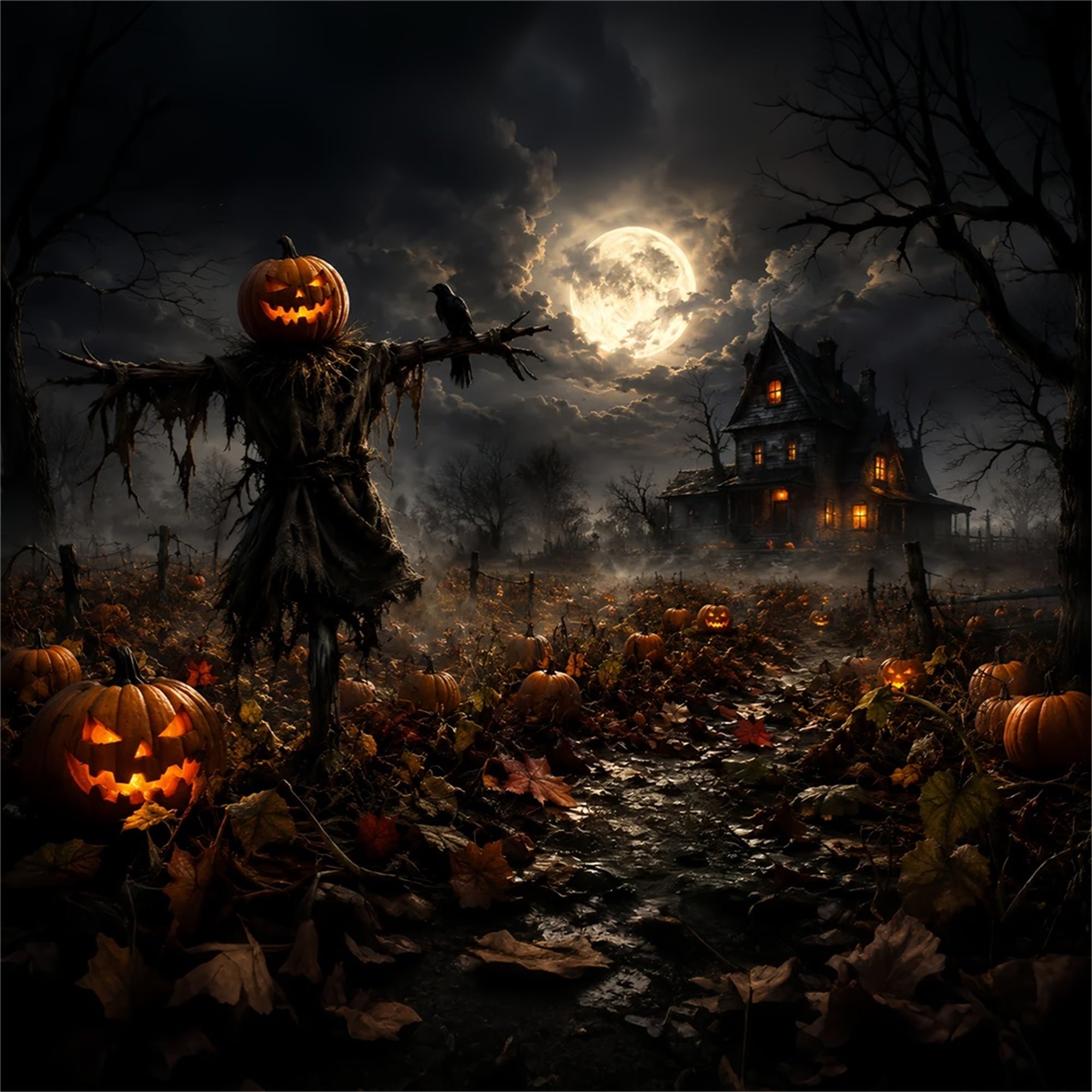 Pumpkin Patch Back Drop Moonlit Scarecrow Farmhouse Halloween Backdrop Ideas Diy UK ZTT67-58
