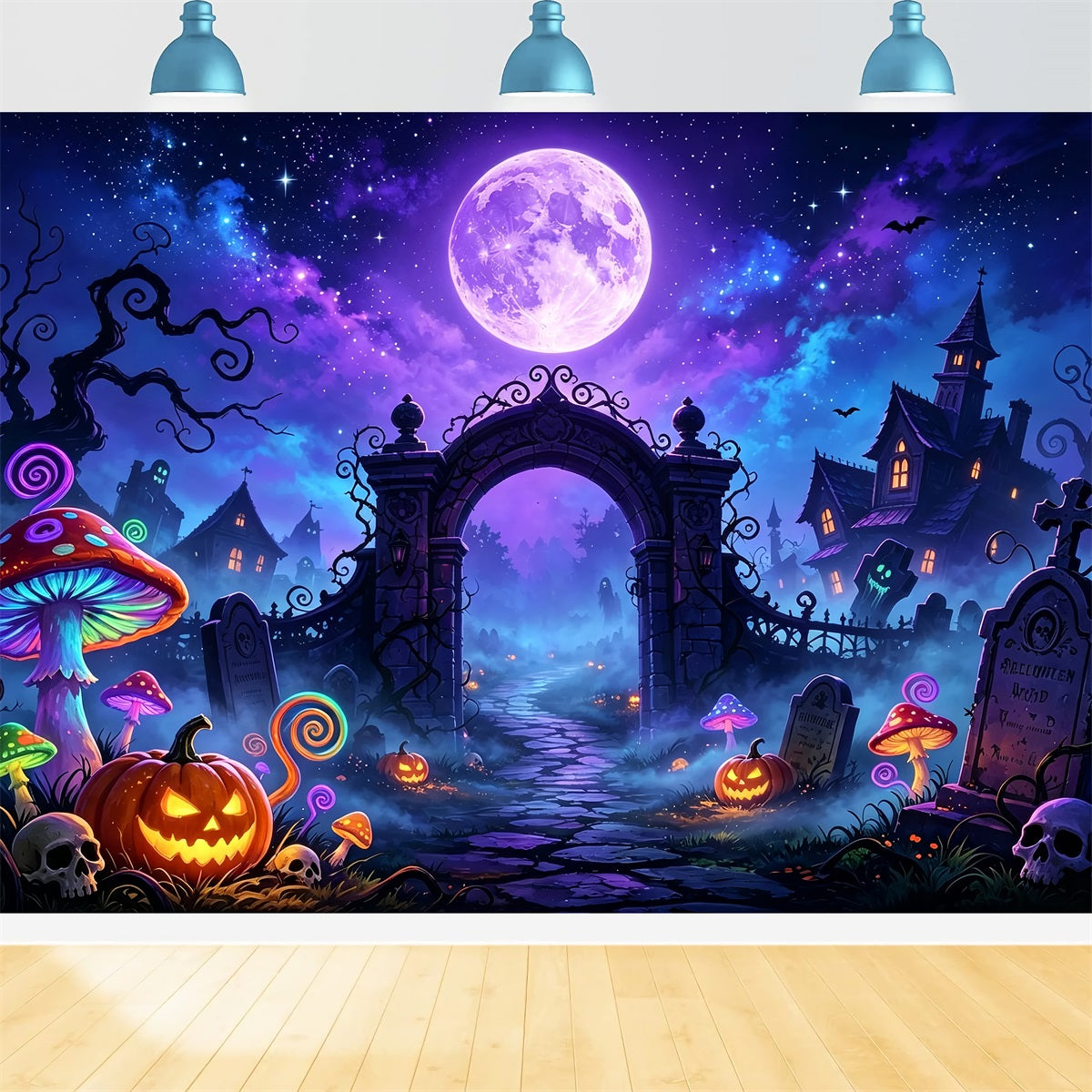 Bat Cave Backdrop Neon Moon Mushroom Graveyard Halloween Backdrop For Kids UK ZTT67-64