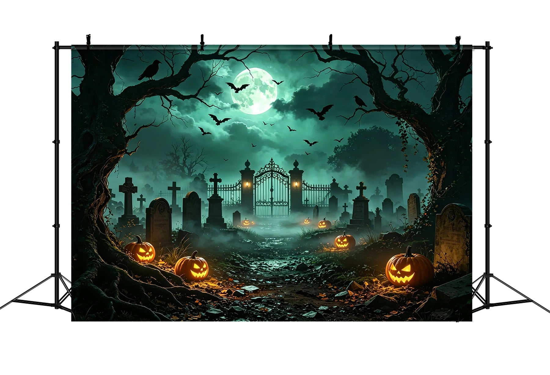 Dog Halloween Backdrop Moonlit Pumpkin Cemetery Gate Easter Tomb Backdrop UK ZTT67-67
