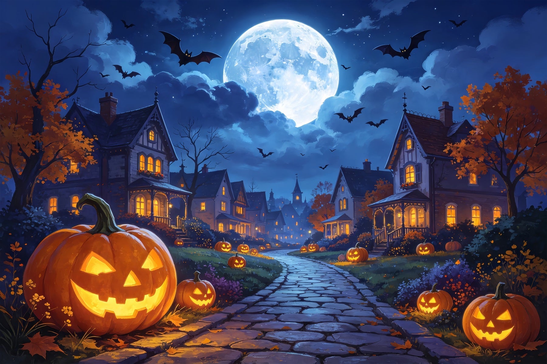Photography Backdrops Halloween Moonlit Pumpkin Village Road Halloween Town Backdrop UK ZTT67-7