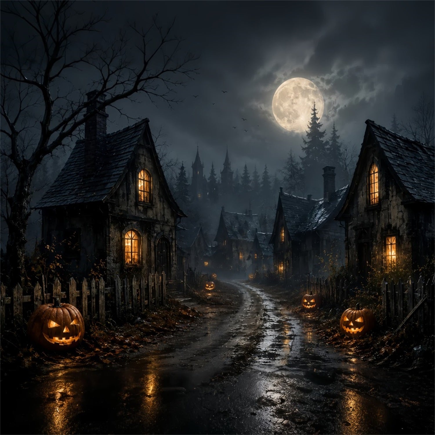 Backdrop Ghost Stained Glass Moonlit Pumpkin Village Road Lemax Spooky Town Backdrop UK ZTT67-70
