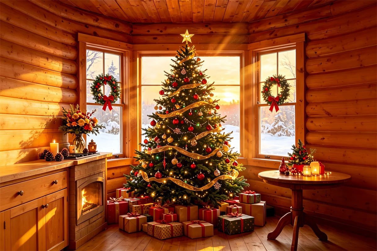 Rustic Christmas Backdrop Cozy Cabin Tree Glow Studio Christmas BackdropsUK ZTT69-1