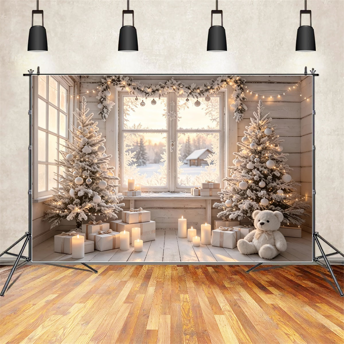 Christmas Cabin Backdrop White Frosted Window Room Photo Backdrop ChristmasUK ZTT69-20