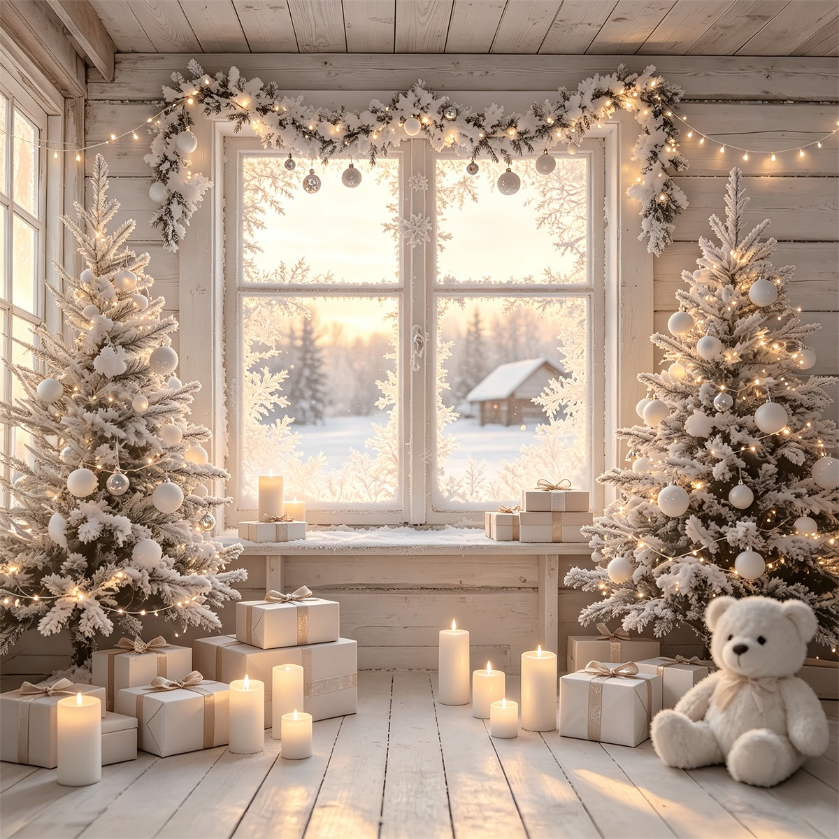 Christmas Cabin Backdrop White Frosted Window Room Photo Backdrop ChristmasUK ZTT69-20