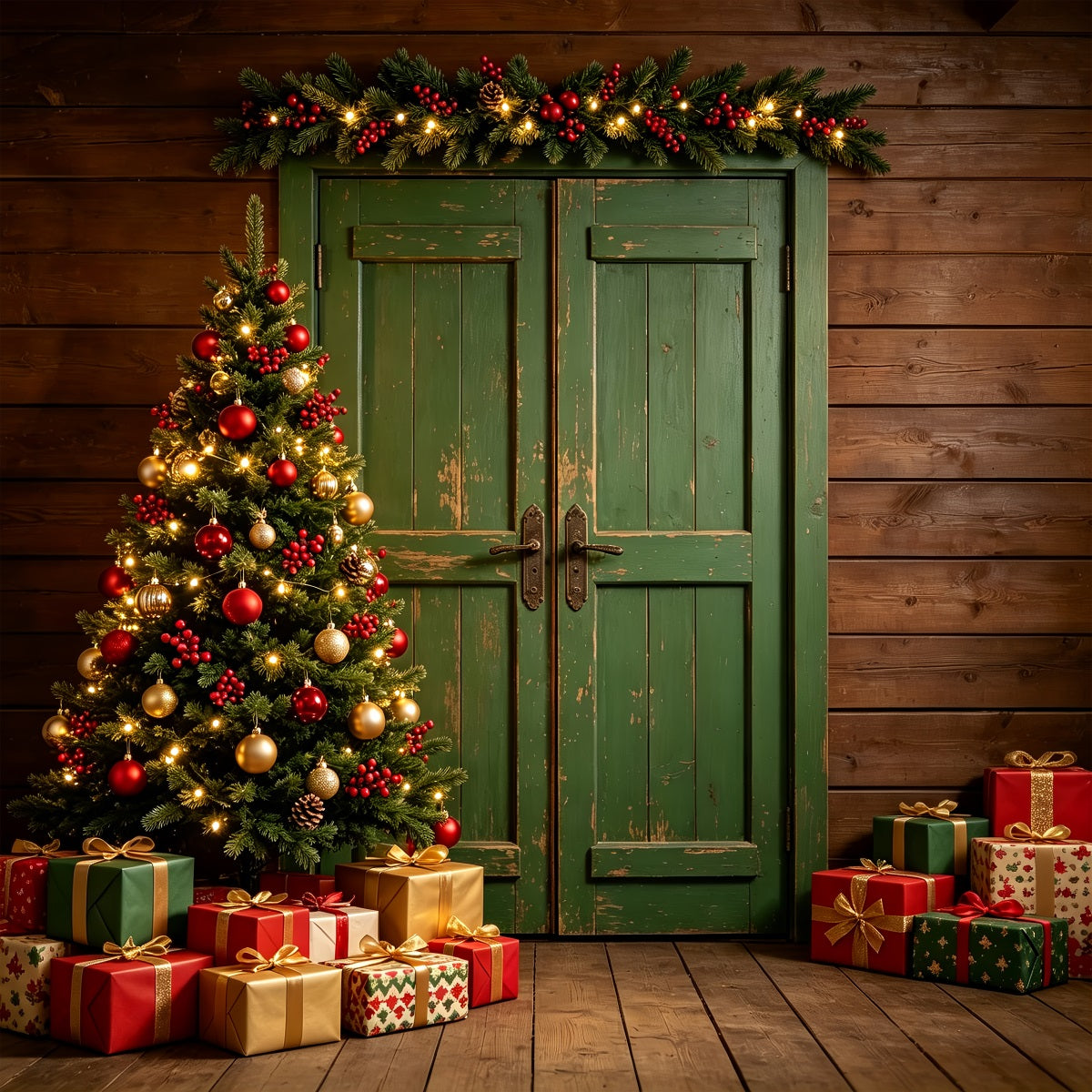 Christmas Wall Backdrop Vintage Green Door Decor Christmas Muslin BackdropUK ZTT69-3