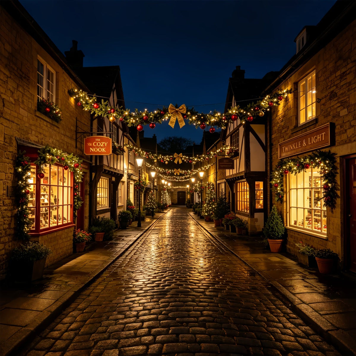 Christmas Street Backdrop Rustic Village Garland Street Photo Christmas BackdropsUK ZTT69-35