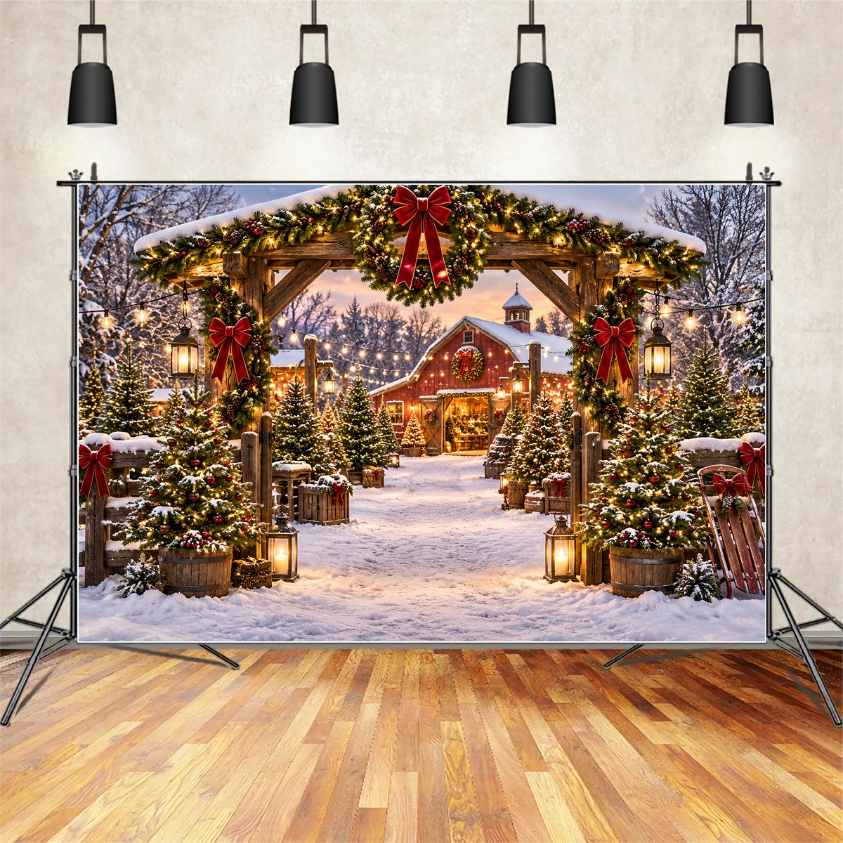 Christmas Tree Farm Backdrop Rustic Barn Garland Entrance Christmas Tree Backdrop UK ZTT69-51