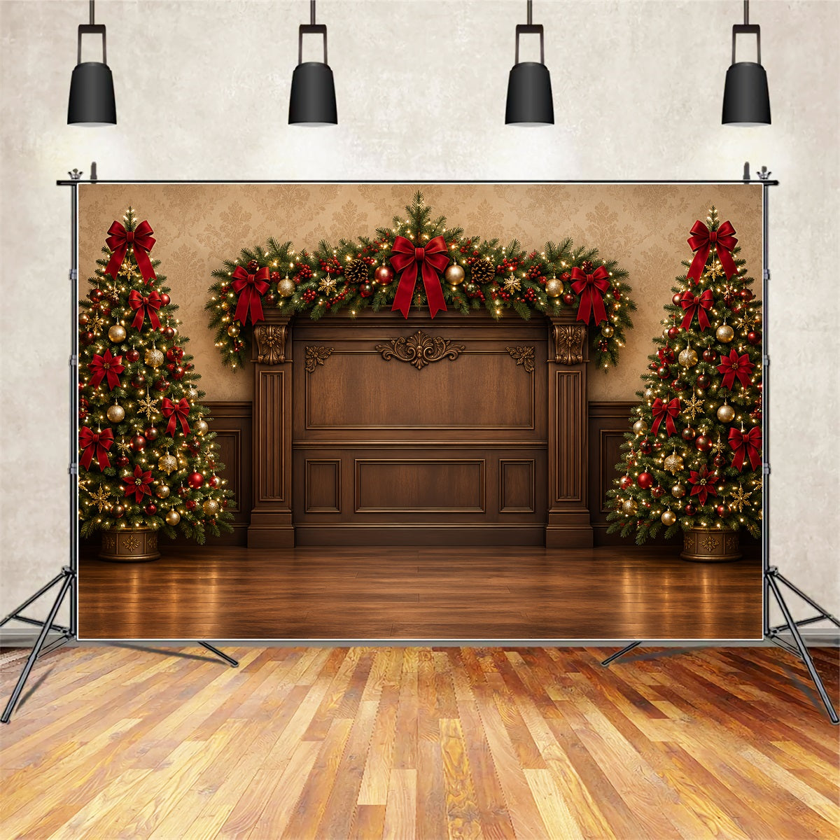 Christmas Backdrops For Photography Red Bow Evergreen Mantel High Resolution Christmas Backdrop UK ZTT69-55